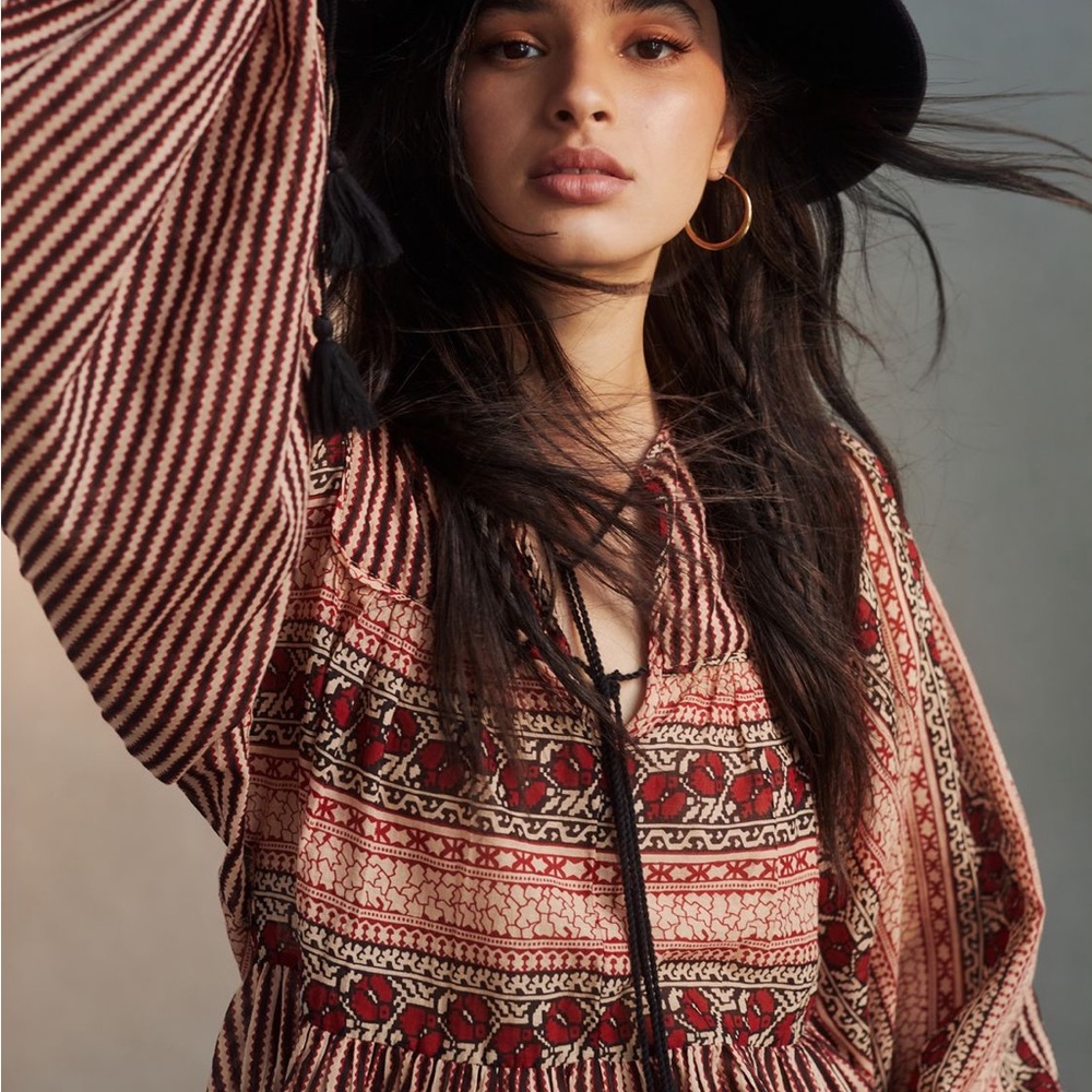 Anthropologie Red and Black Patterned Blouse by Antik Batik